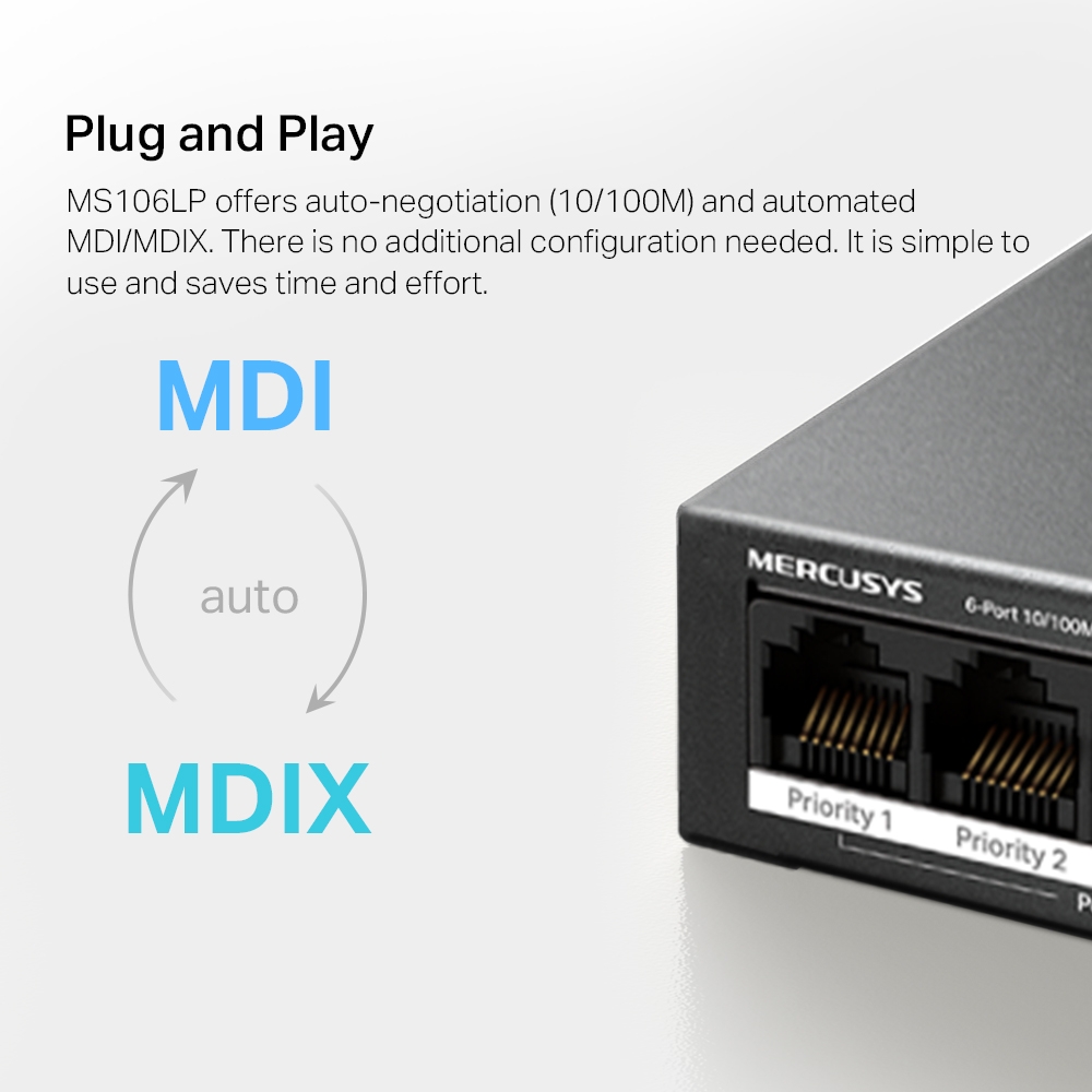Mercusys MS106LP 6-Port 10/100Mbps Desktop Switch with 4-Port PoE+. 