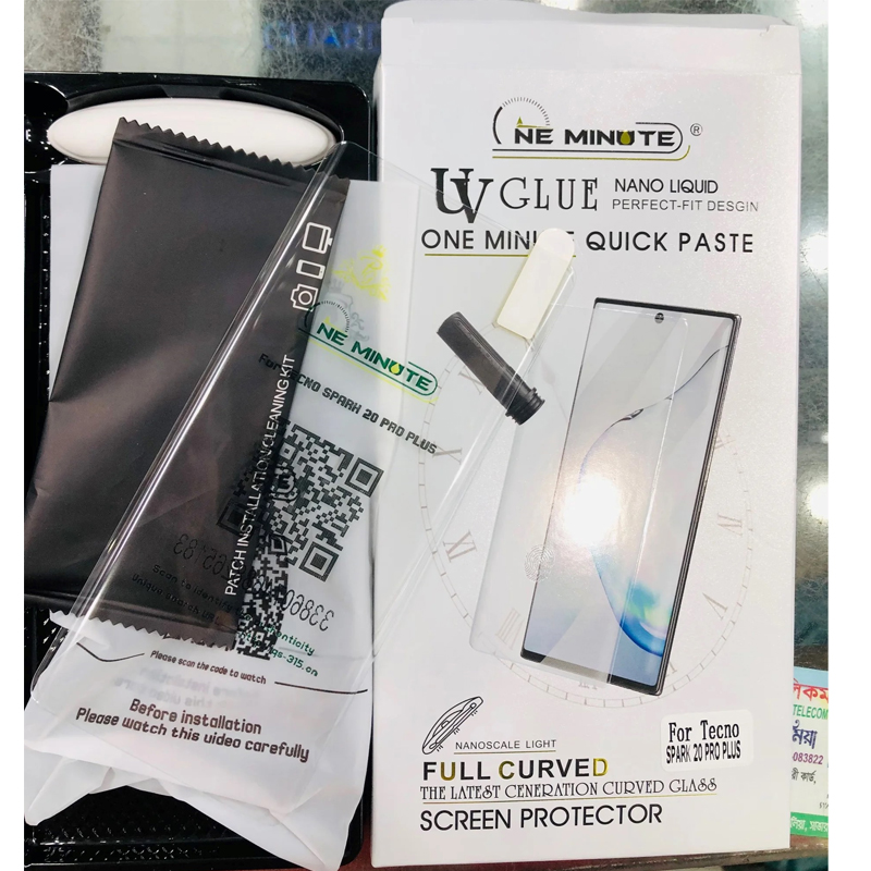 Tecno Spark 20 Pro+ OneMinute UV Glue Curved Tempered Glass Screen Protector For Tecno Spark 20 Pro Plus Screen Guard Gorilla Glass Protector With Easy Installation Full Kit. 