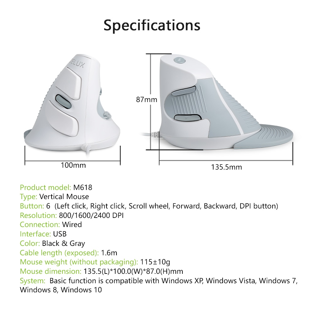 Delux M618BU White Wired Ergonomic Vertical Mouse 1600 DPI 6 Buttons Optical Right Hand Mice with Wrist mat For PC Lapt. 
