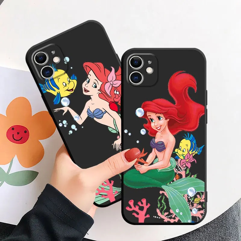 Disney Little Mermaid Ariel Phone Case for Apple iPhone 15 14 Pro Max SE 8 Plus 7 6s 11 XS X 12 Mini 13 Pro XR Black Soft Cover. 