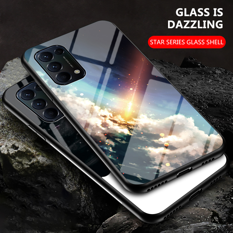For OPPO Reno 4 Case Starry Moon and Star Tempered Glass Protector Couple For s for OPPO Reno4 Back Cover