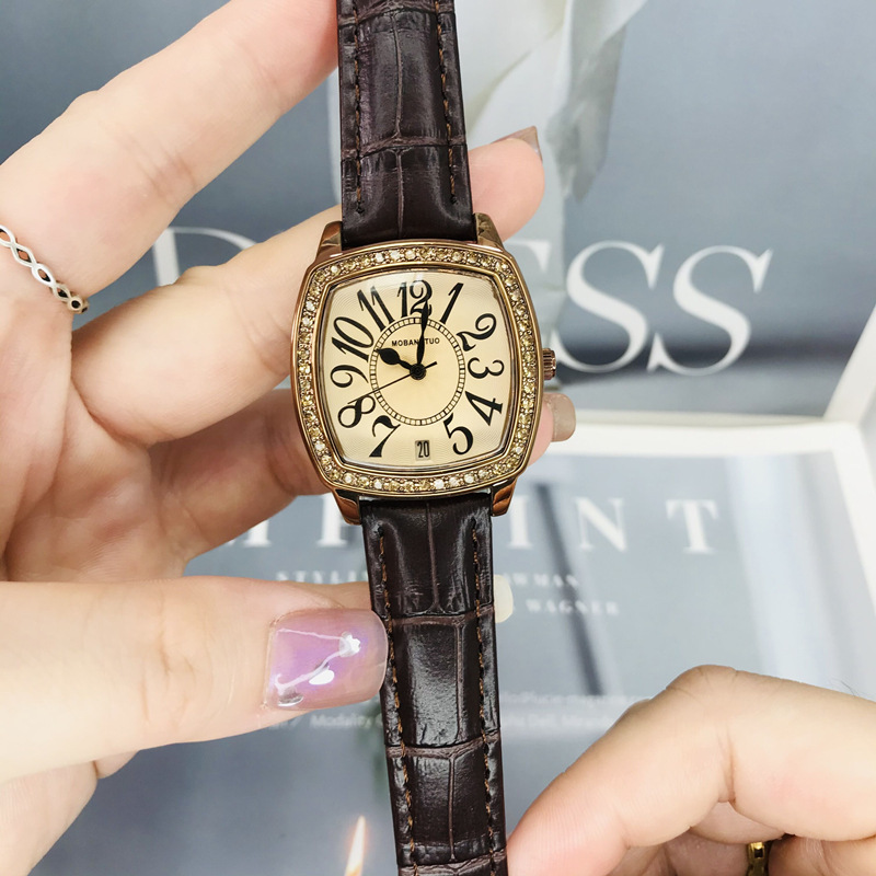 New Women's Square Watch Digital Scale with Date Small Square Watch Retro Coffee Color Belt Waterproof Fashion Women's Watch. 