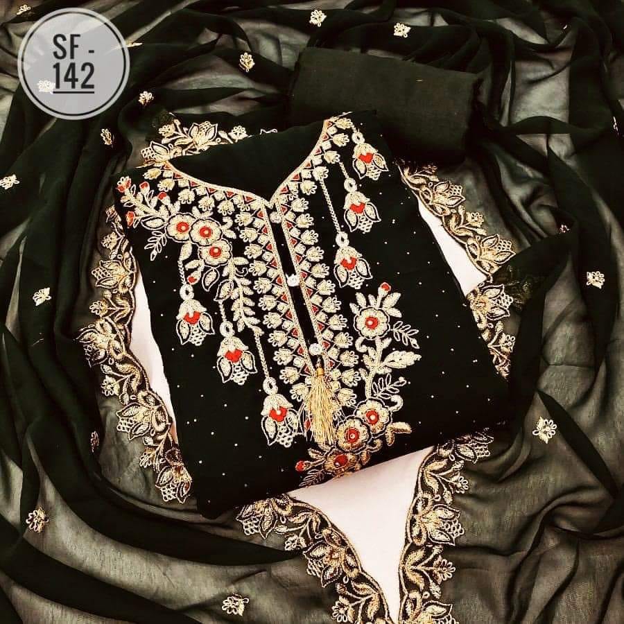 New Stylish Exclusive Collection Weightless Georgette Computer Embroidery Work Four-Piece Salwar Kameez For Women - Chic for Any Season. 