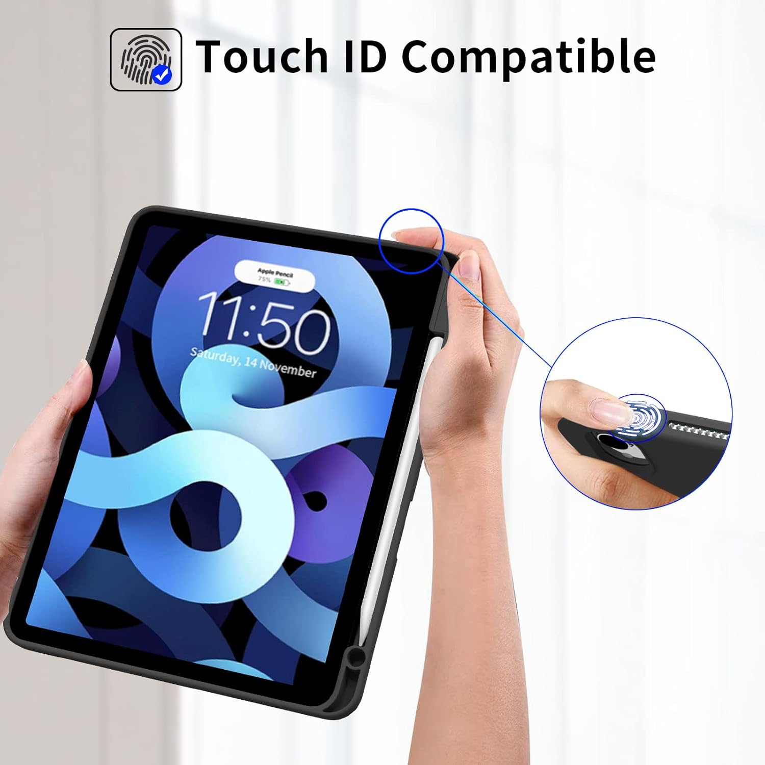 For Apple iPad Air 5 (2022) 10.9 inches (5th generation) Luxury Premium Silk Texture Horizontal Flip Leather Cover with 3-folding Holder Smart Case With pen Holder -(Black-Blue) For :  A2589, A2591 (Global). 