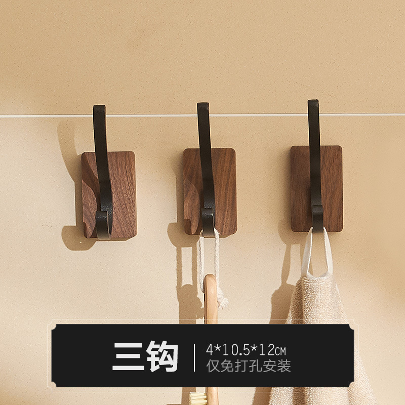 Non-perforated walnut coat hook bathroom hook cross border door back wall single sticky hook solid wood black space aluminium aluminum