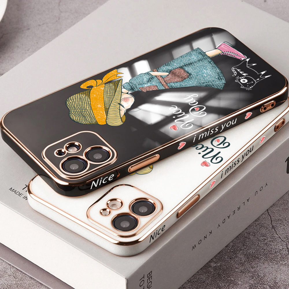 For OnePlus 9 Back Cover Luxury 6D Plating Lovly Girl Side Pattern Soft Silicone Square Mobile Phone Case. 