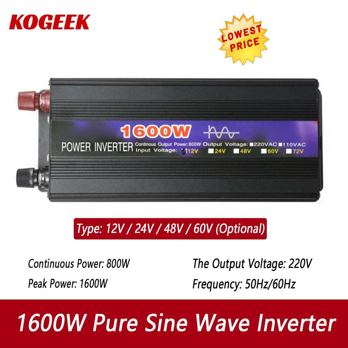 KOGEEK 1600W Pure Sine Wave Intelligent String Inverter Power Inverter Car Inverter Black 12V to 220V / 24V to 220V  / 48V to 220V / 60V to 220V - battery 12v