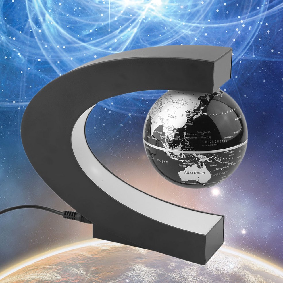 C shape LED World Map Decoration Magnetic Levitation Floating Globe Light-black UK Plug. 