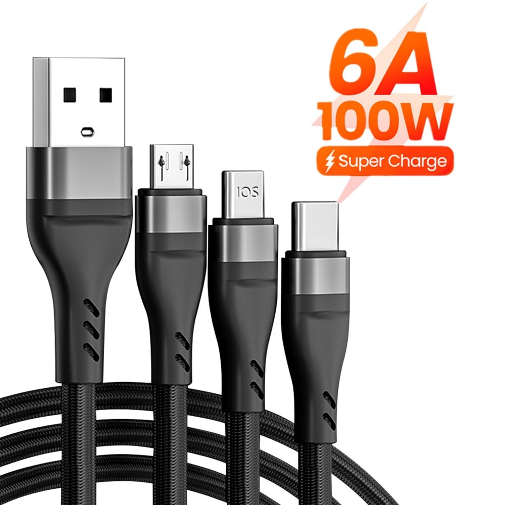 CASIFY CU03 6A 100W 3 in 1 Fast Charging Cable Micro USB Cable Type C Cable Lightning Cable Fast Charging Metal Cable