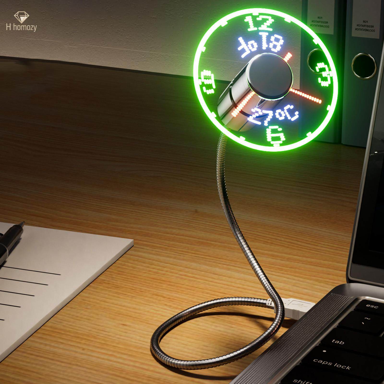LED USB Clock Fan Office Gadgets Temperature Display for Desktops Laptops. 