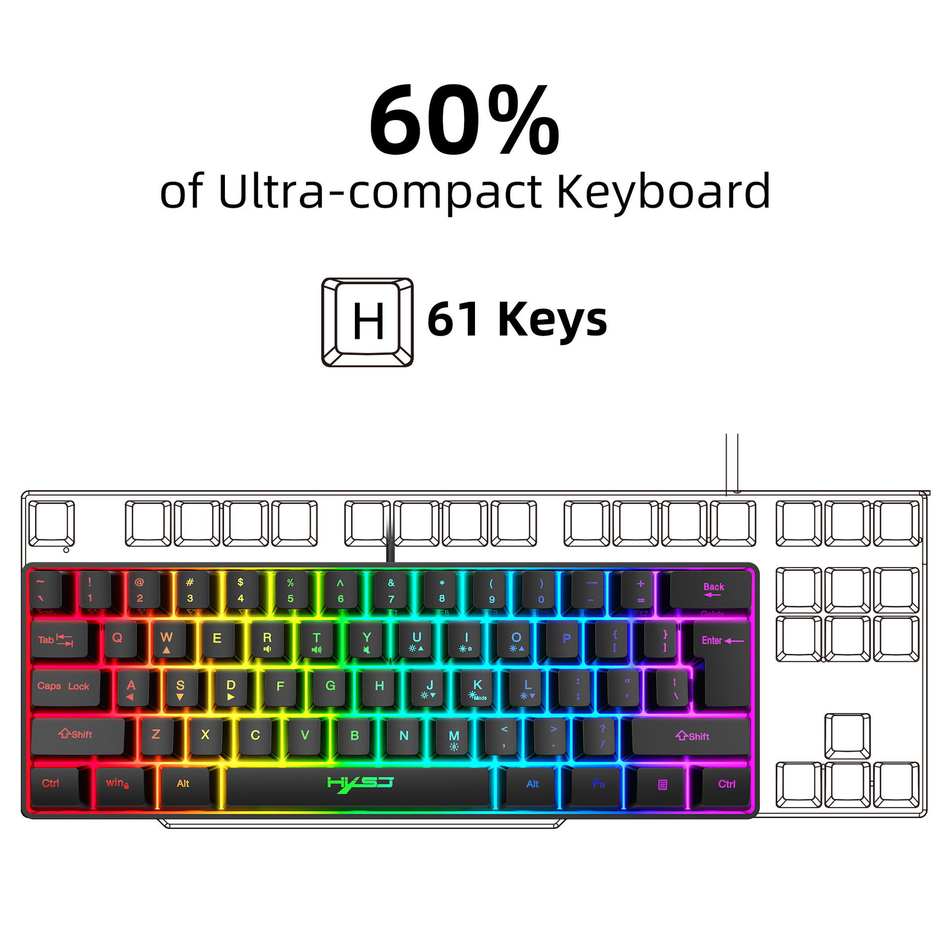 61 key gaming membrane keyboard RGB light portable wired keyboard with a variety of shortcut key combinations in stock. 
