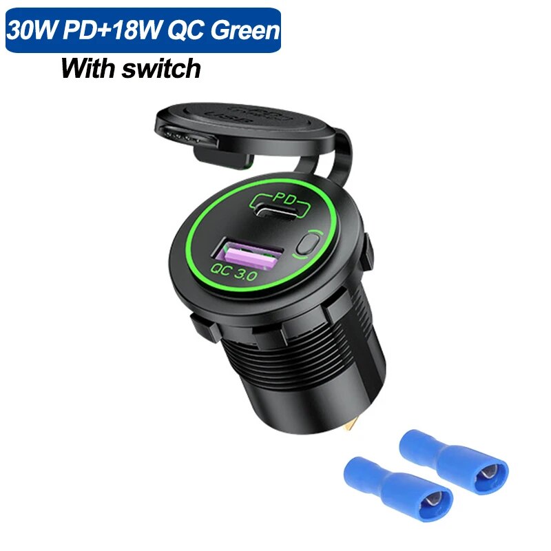 48W Usb Poort Charger Car 12V Outlet Laptop Charger USB C PD 18W QC3.0 Car Port Socket Waterproof with Power Switch For RV Car. 