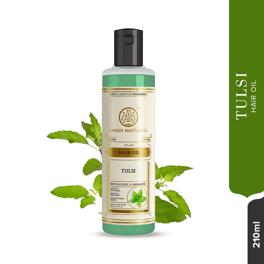 Khadi Natural Tulsi Herbal Hair Oil|Hair Oil For Hair Fall |Non-Sticky Hair Oil For Dry Scalp | Paraben & Mineral Oil Free | Suitable For All Hair Types| 210 ml. 