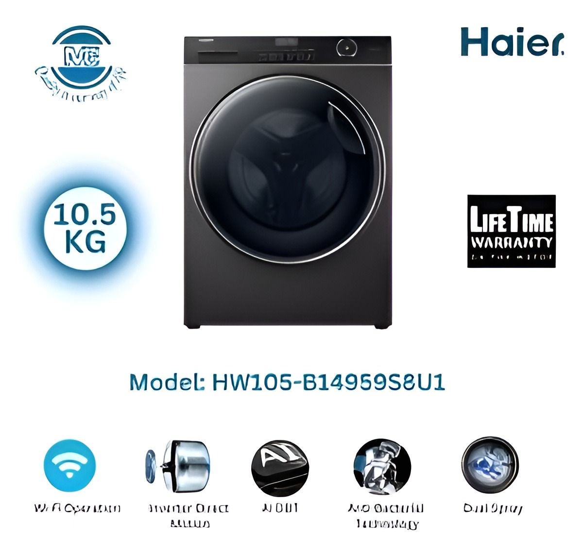 HAIER 10.5 KG Front Loading Fully Automatic Inverter Washing Machine With AI Dynamic Balance Technology, Free Delivery and Official Warranty | HW105-B14959S8U1