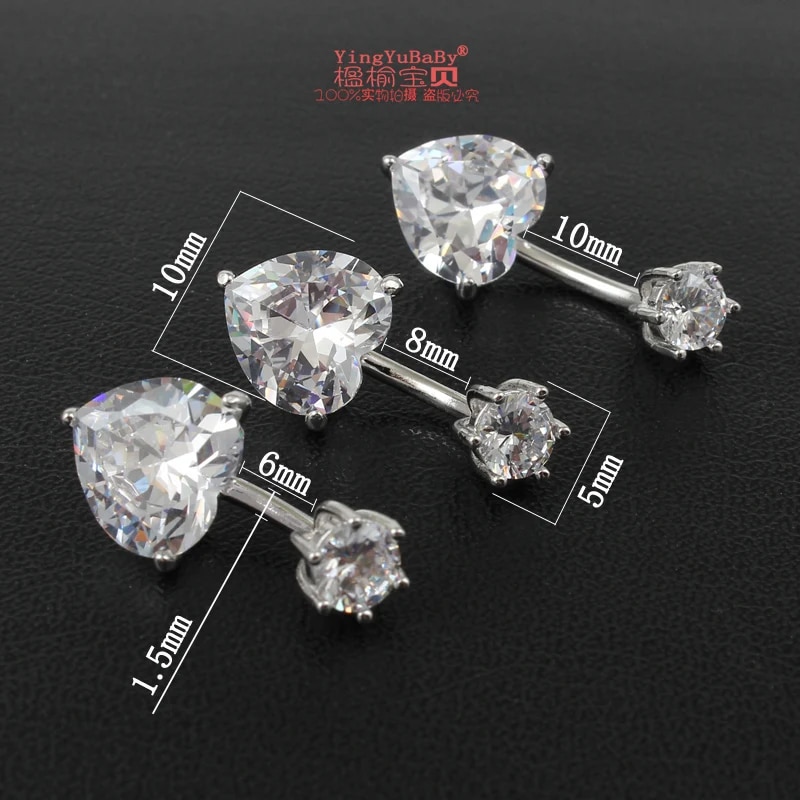 925 pure silver belly button ring real genuine silver navel ring body piercing jewelry heart stone zircon pin length 6 8 10 mm. 