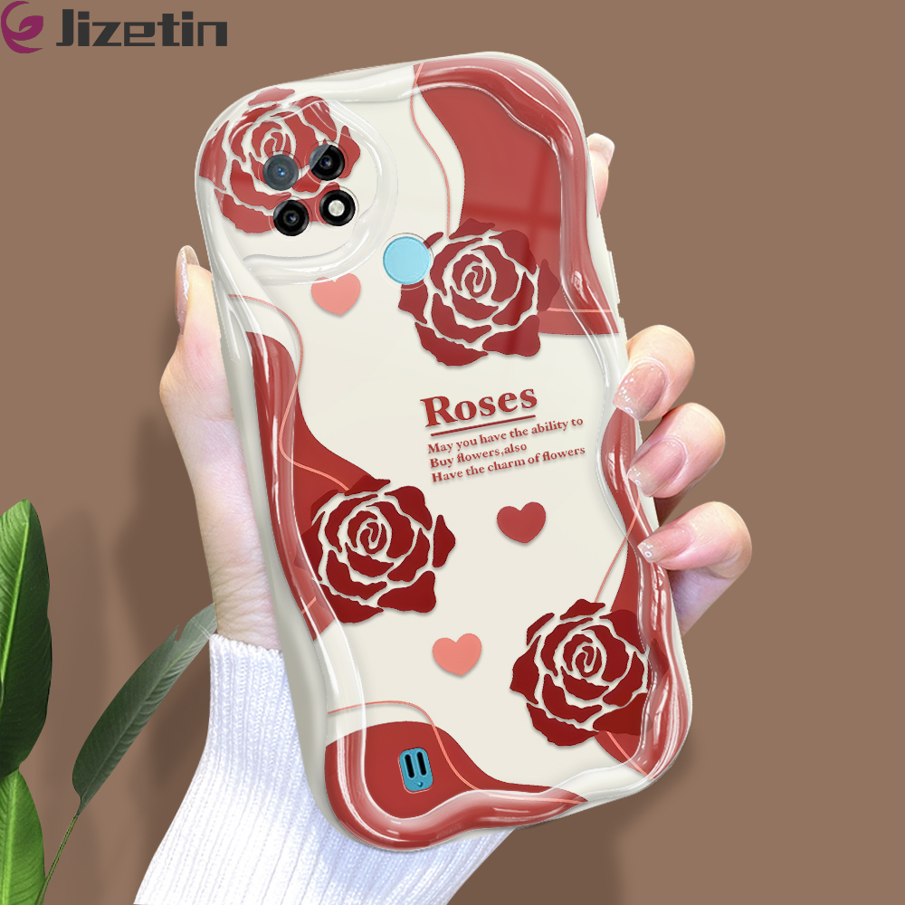 Jizetin for Realme C21 Back Cover Red Rose Cream Wavy Edge Soft Silicone Phone Case