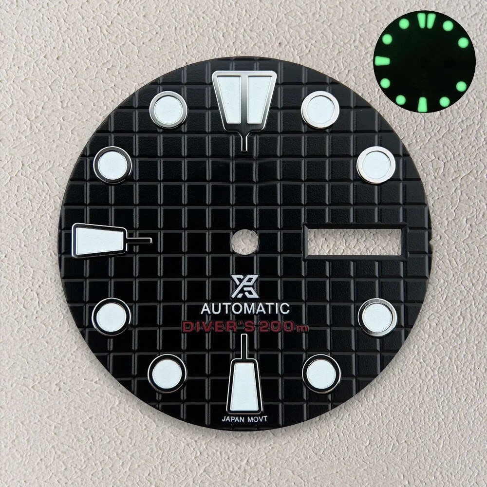 28.5mm S Logo Waffle Pattern Dial Suitable For Japanese NH36 Movement Green Luminous Watches Accessories Modification. 