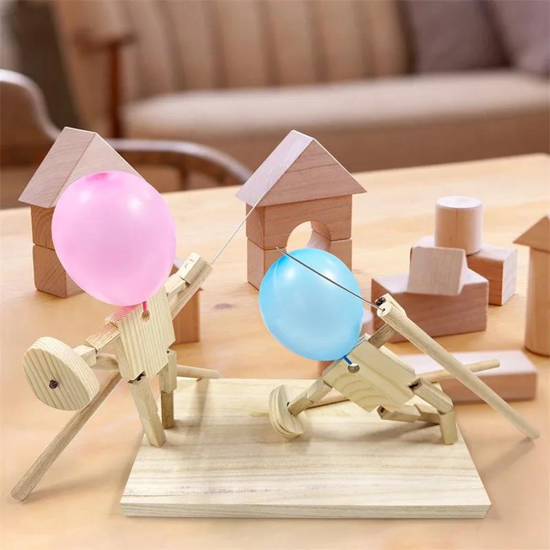 Balloon Bamboo Man Battle Handmade Wooden Fencing Puppets Wooden Bots Battle Game Two-Player Fast-Paced Balloon Battle Game. 
