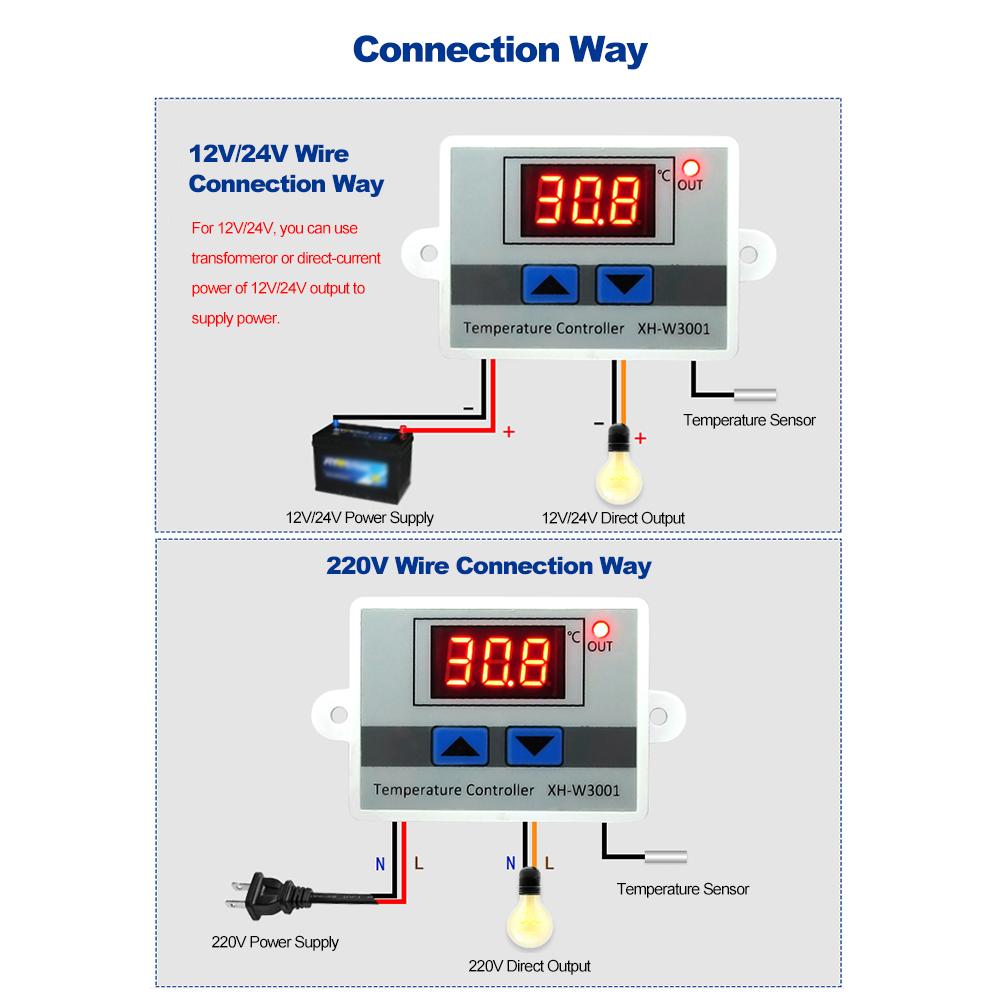 XH-W3001 Intelligent Digital Microcomputer Temperature Controller LEDs-Display Mini Thermostat Switch Heating/Cooling Temperature Control Switch with Water-resistant Sensor Probe 24V. 