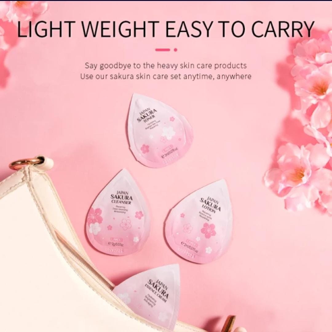 LAIKOU Japan Sakura Skin Care Mini 4 Pcs Combo (Face Cleanser /Toner/ Lotion/ Essence Cream)-2gm/Each