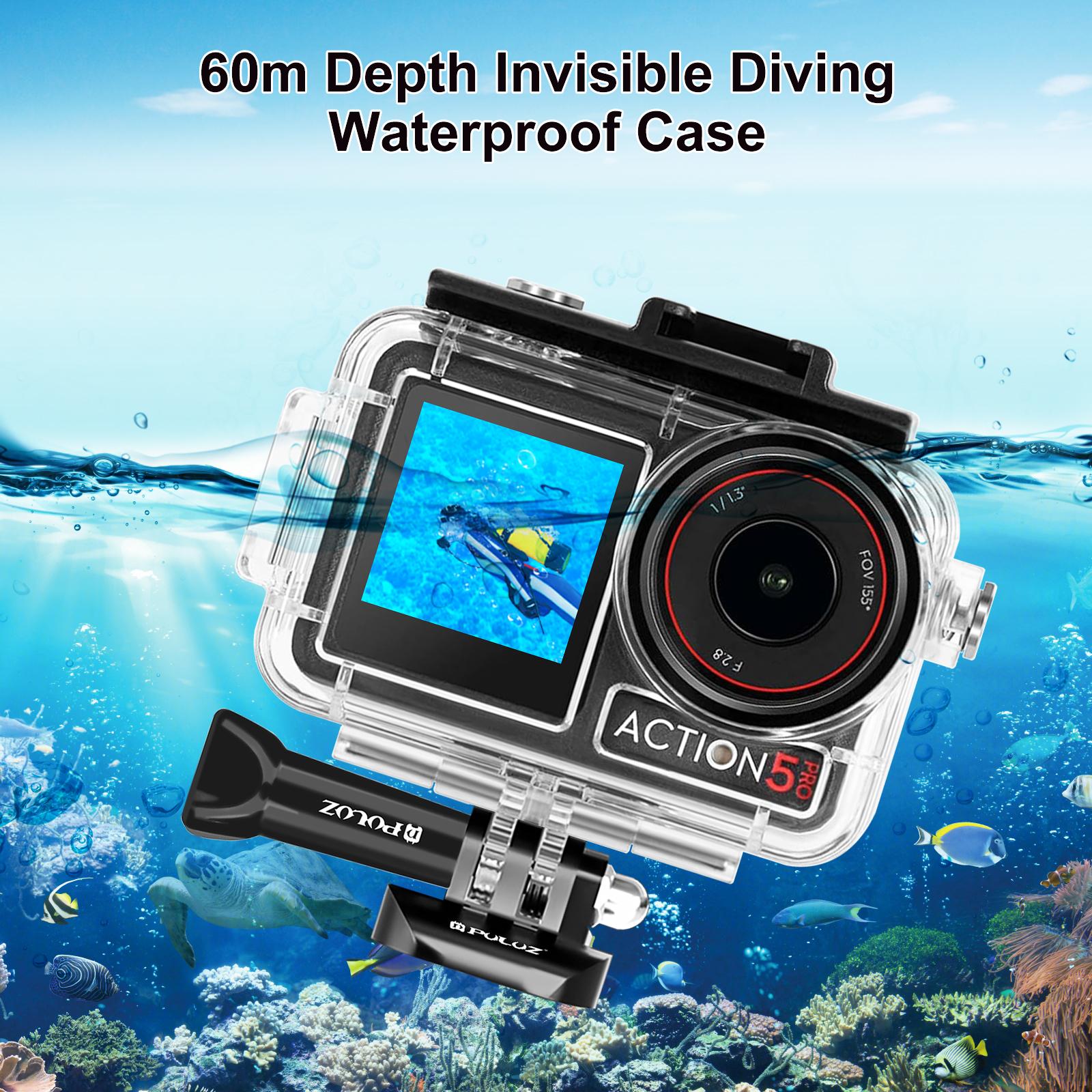 NEW- For DJI Osmo Action 5 Pro / 3 / 4 PULUZ 60m Underwater Waterproof Housing Diving Case with Cold Shoe & Buckle Basic Mount & Screw. 