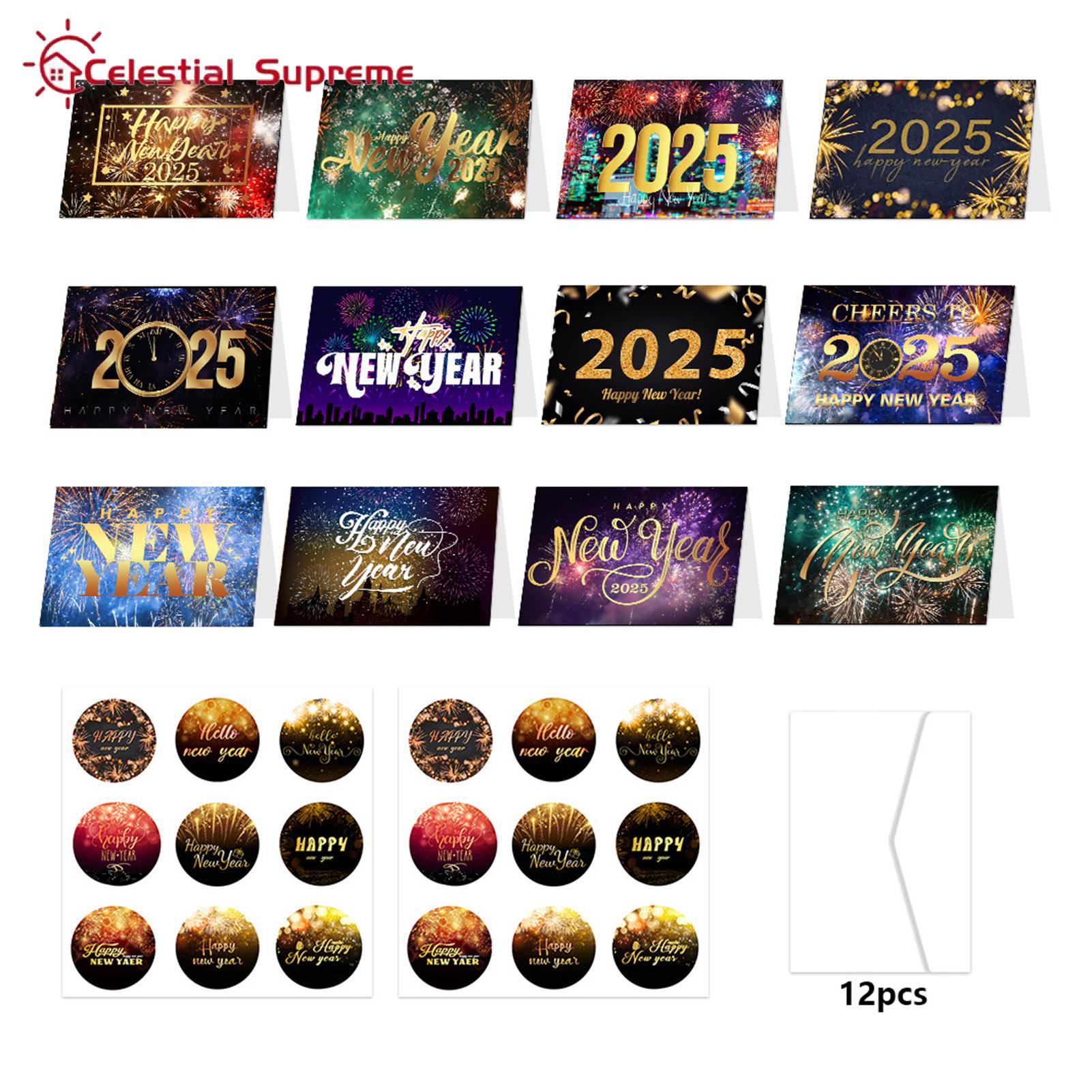 Bulk Pack of New Year Cards Envelopes 12pcs 2025 New Year Cards with Envelopes Stickers Gold Foiled Holiday Greeting Cards for Happy New Year Festive Design for Durable New Year Cards Assortment