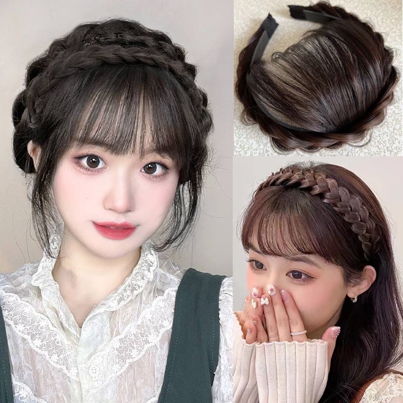 Synthetic Fake Bangs Hair Neat Fringe Bands with Double Row Braids Headband Heat Resistant Bangs In Hair Extensions Hairpieces. 
