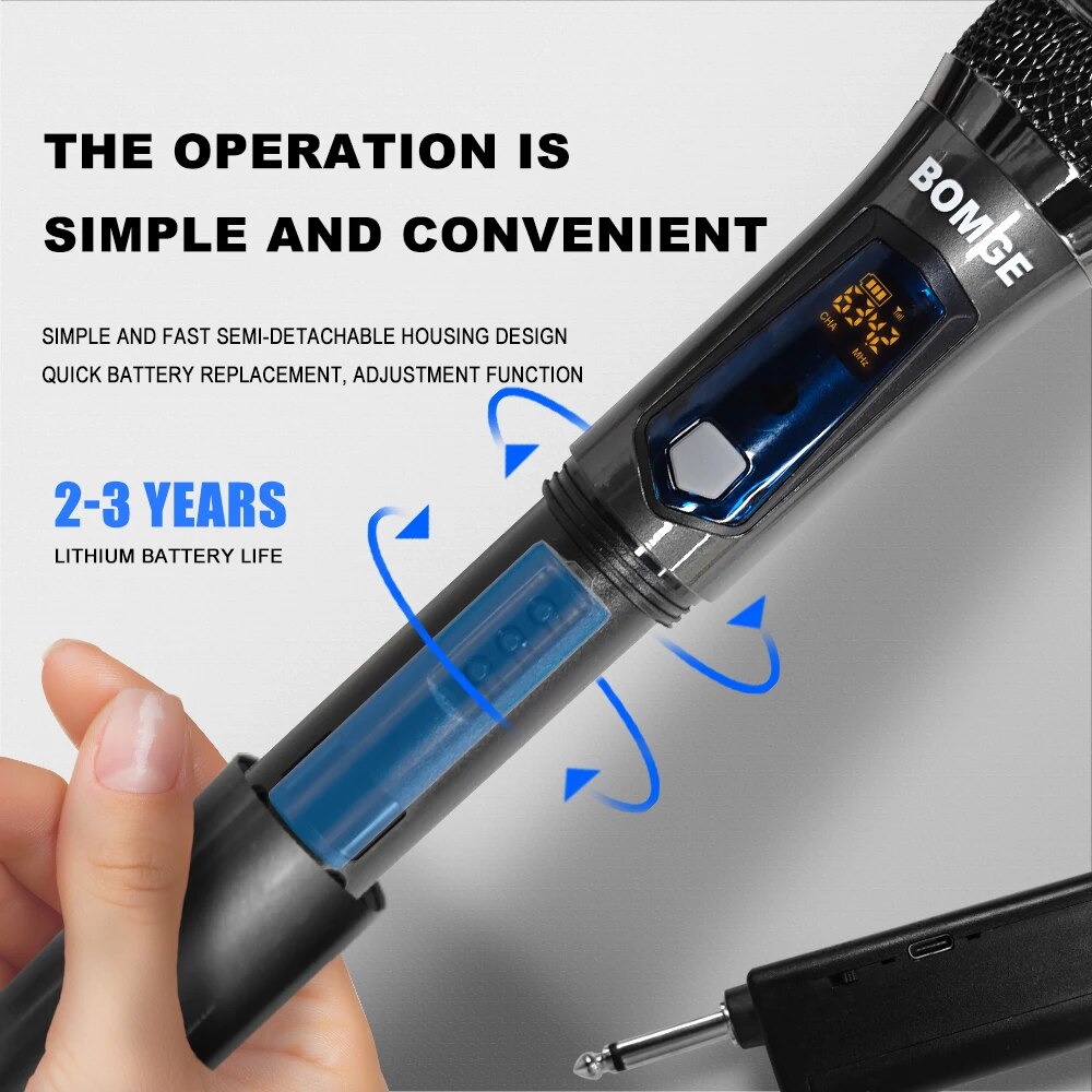 Wireless Handheld Microphone Metal Dual UHF Cordless Dynamic Mic System With 1800MAh Rechargeable Receiver For Karaoke Party. 