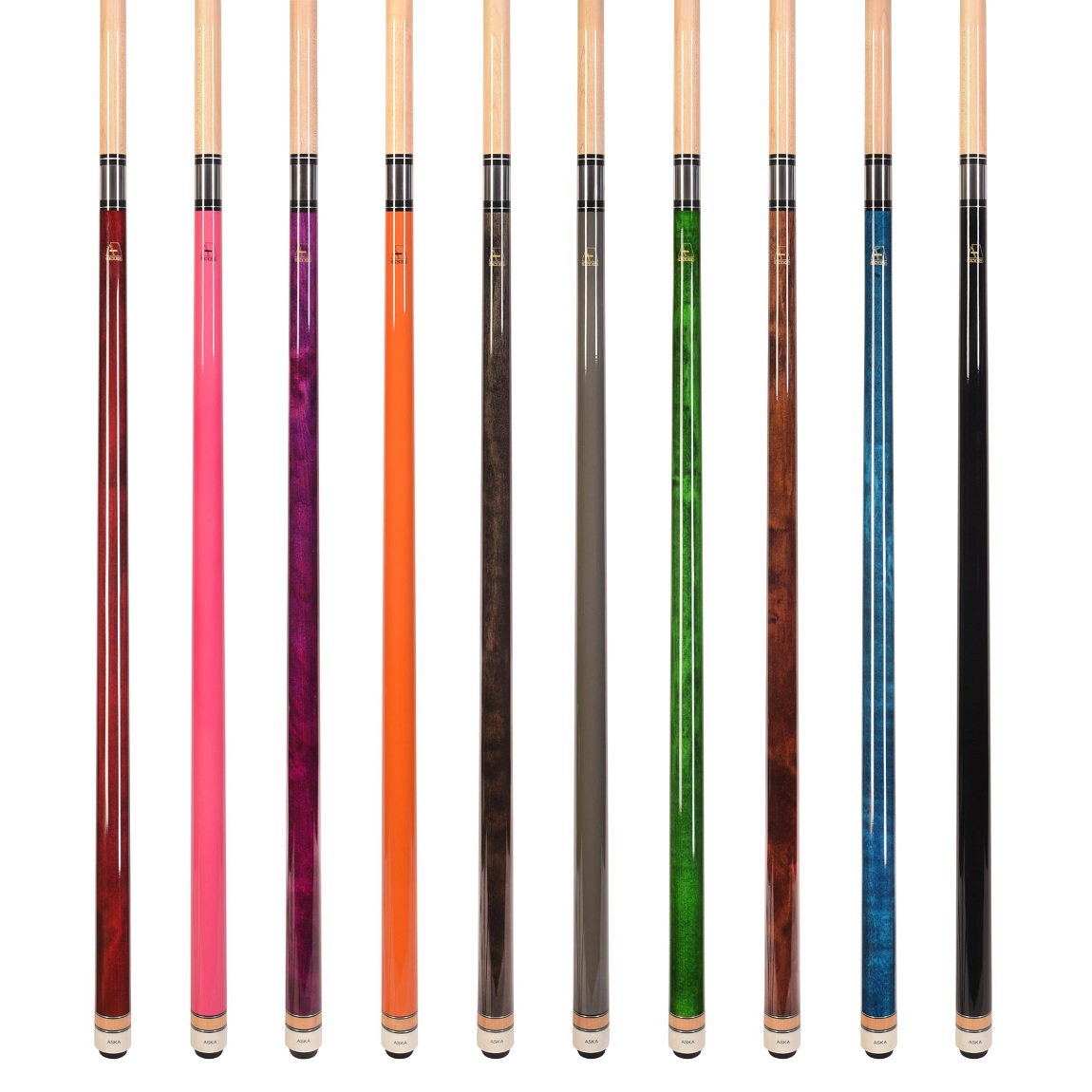High quality Aska L2 Billiard Pool Cue Sticks with hard rock Canadian maple, mixed weights set of 3, and leather glued on hard tip.