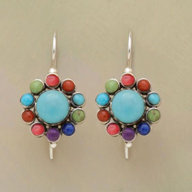 Retro ethnic style colorful turquoise earrings European and American hand-inlaid gemstone earrings AliExpress Yama