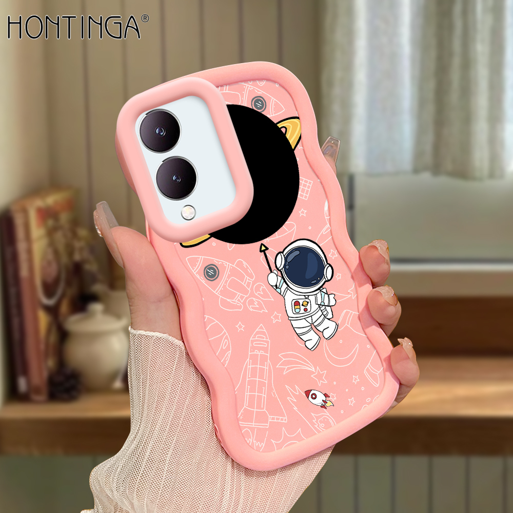Hontinga for Vivo Y17S Back Cover Cartoon Astronauts Pattern Luxury Phone Cover Soft Silicone Macaron Wave Mobile Case