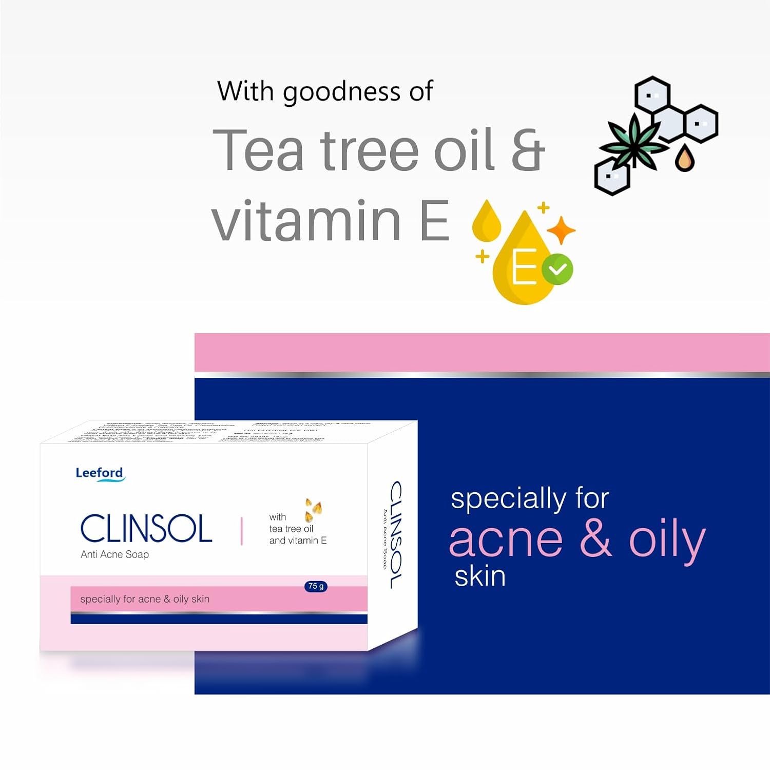 Leeford Clinsol Soap Pack of 3 (75g Each)- Enriched Tea Tree Oil with Vitamin E for Soft Skin || Gentle on Skin || Helps to remove Acne and Makes Skin... 