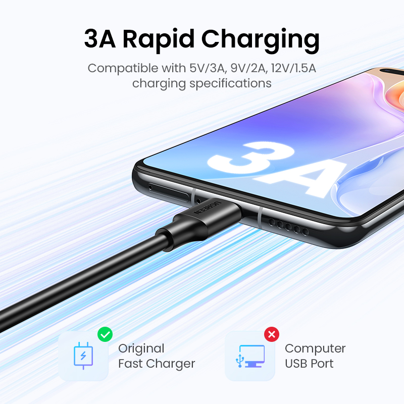 UGREEN 60116 USB-A 2.0 to  USB-C Cable Nickel Plating  1m (Black)# US287 - Function: Charging & Data Sync - Speed up to 480Mbps -  3A fast charge - Support QC3.0/AFC/FCP - Wire core: Tin-plated copper. 