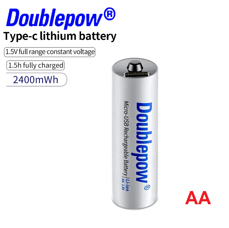 Doublepow Multipurpose Uses AA Size 1.5Volt 2400mWh Rechargeable Li-ion Battery with Built-in USB Type-C Fast Charging Port & LED Indicator (Point Top) - 1 Piece