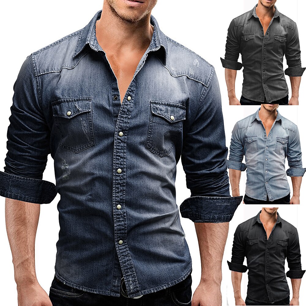 2020 Autumn Men Denim Shirt Mens Long 