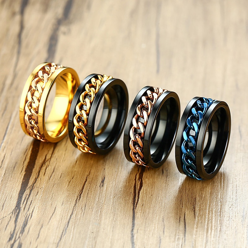 Spinner Chain Ring Men, Stainless Steel Fidget Ring ,Black/Blue/Silver Color Not Fade Reliever Stress. 