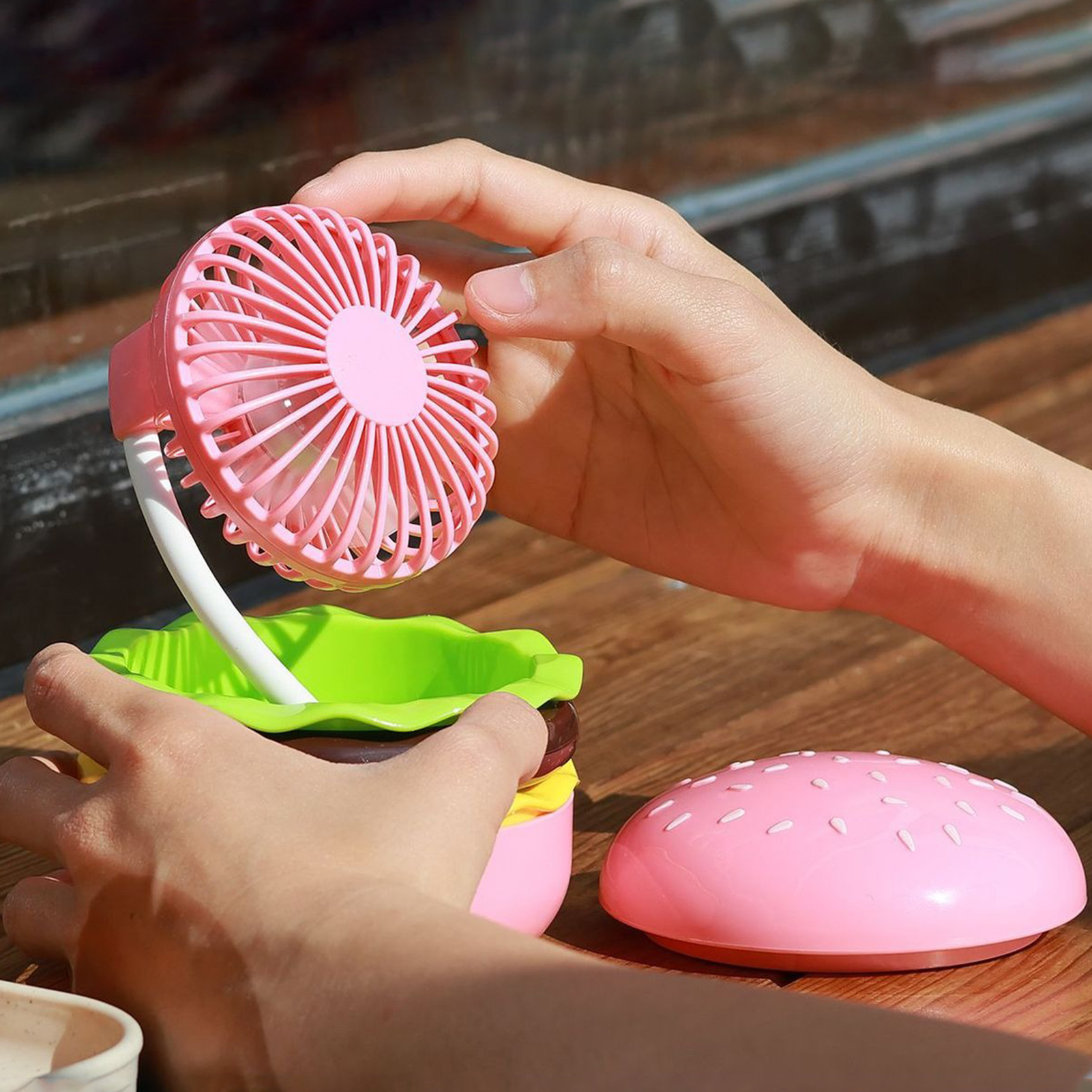 Lumina Small Fan Portable Rechargeable Cooling Fan with Makeup Mirror 3 Speeds Foldable Design Burger Shape Desktop Fan Decorative Ornament Ideal for Rechargeable Fan. 