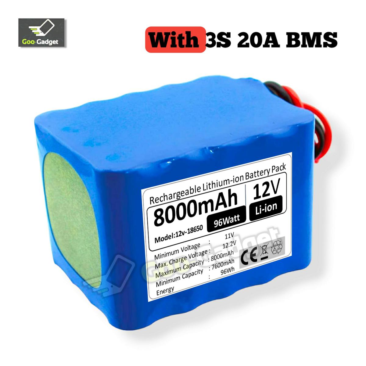 18650 12V Lithium-ion battery Pack 12V 12S1P 8000mAh with 3s 20a BMS battery pack Power bank battery mini ups battery Rechargeable battery