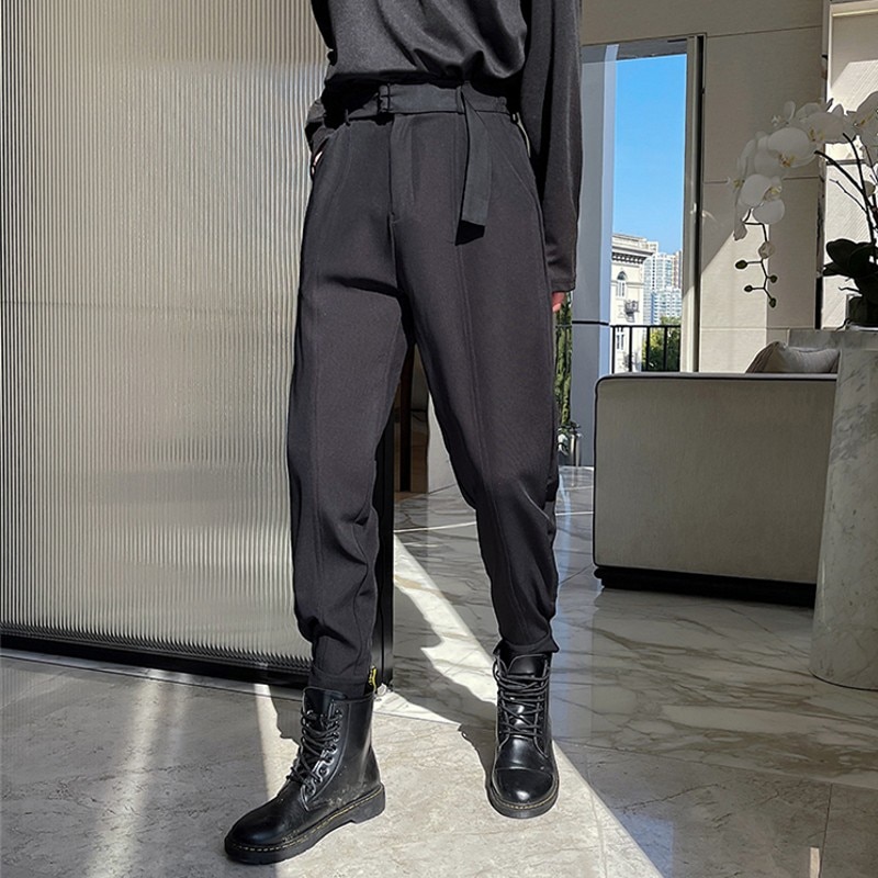 Korean Style Chic Harem Pants Men Solid Black White Man Trouser with Belt Spring Summer Tapered Ankle Length Casual Pant Quality. 