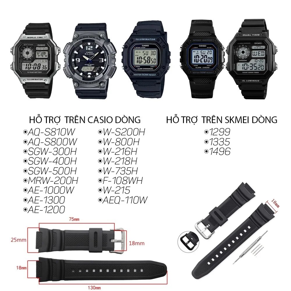 Rubber Watch Strap For SKMEI 1335 1299 1496 Casio AE1100W AE1300 AE1200 F108WH W-800H AQS810 Watch Band Accessories. 