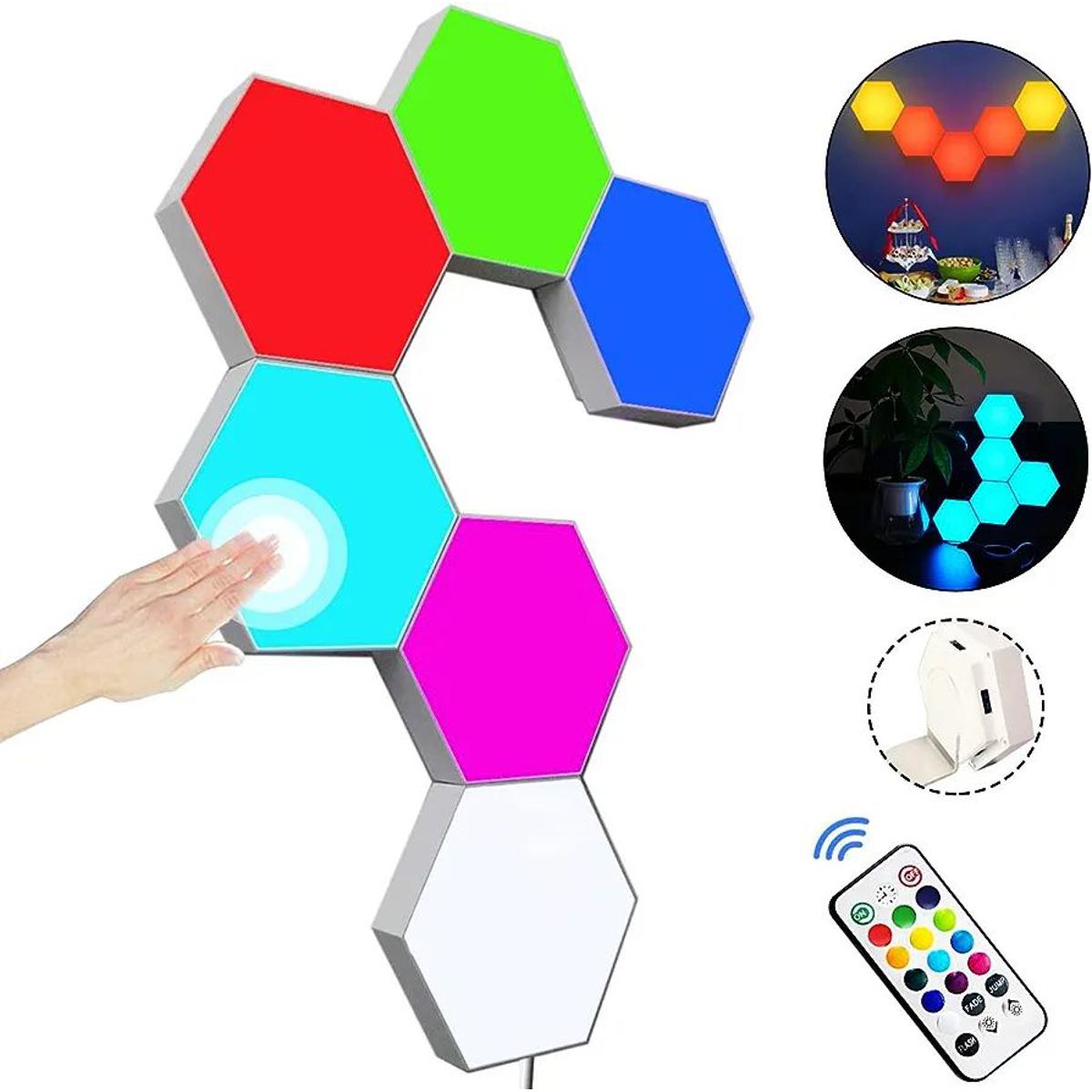 Hexagon Wall Light with Remote Control,Smart Modular Touch-Sensitive LED Light Wall Panels RGB Colorful Night Light DIY Geometry Splicing Hex Light for Bedroom Living Room Hallway Party Decor,6 Pack