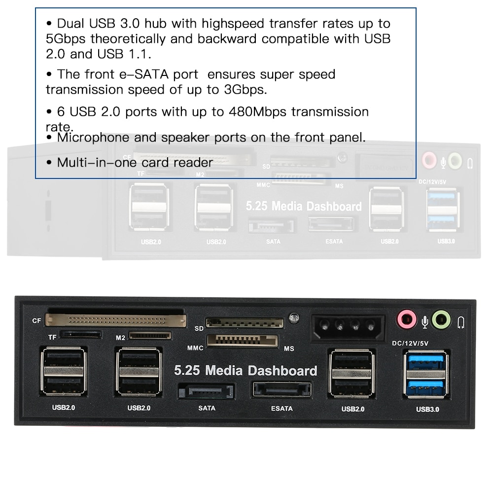 Multi-Function USB 3.0 Hub eSATA SATA Port Internal Card Reader PC Dashboard Media Front Panel Audio for SD MS CF TF M2 MMC Memo. 
