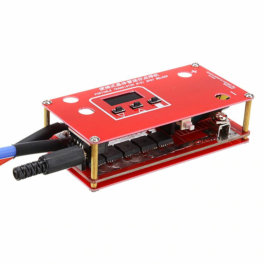 Portable DIY micro spot welding machine with LCD display for automatic welding of 12V automotive batteries. 