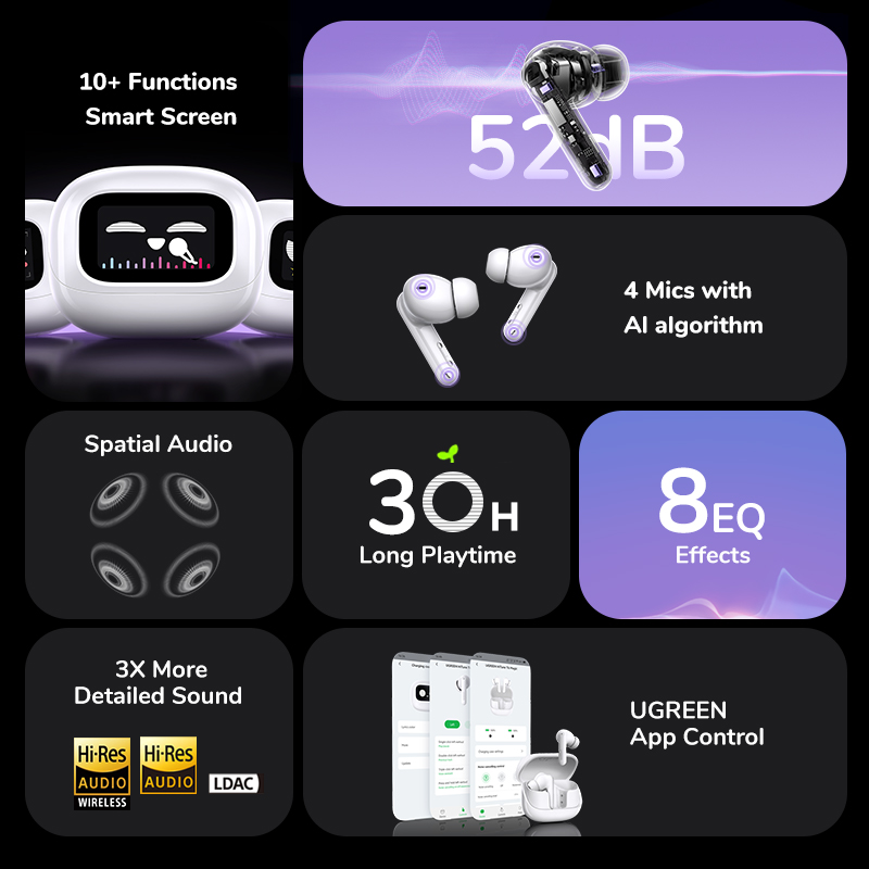 UGREEN T6 Magic Hi-Res Bluetooth Earphones ANC Active Noise Cancelling 52dB Touch Screen Wireless In-Ear Sports Suitable for iPhone 16 Pro Max. 