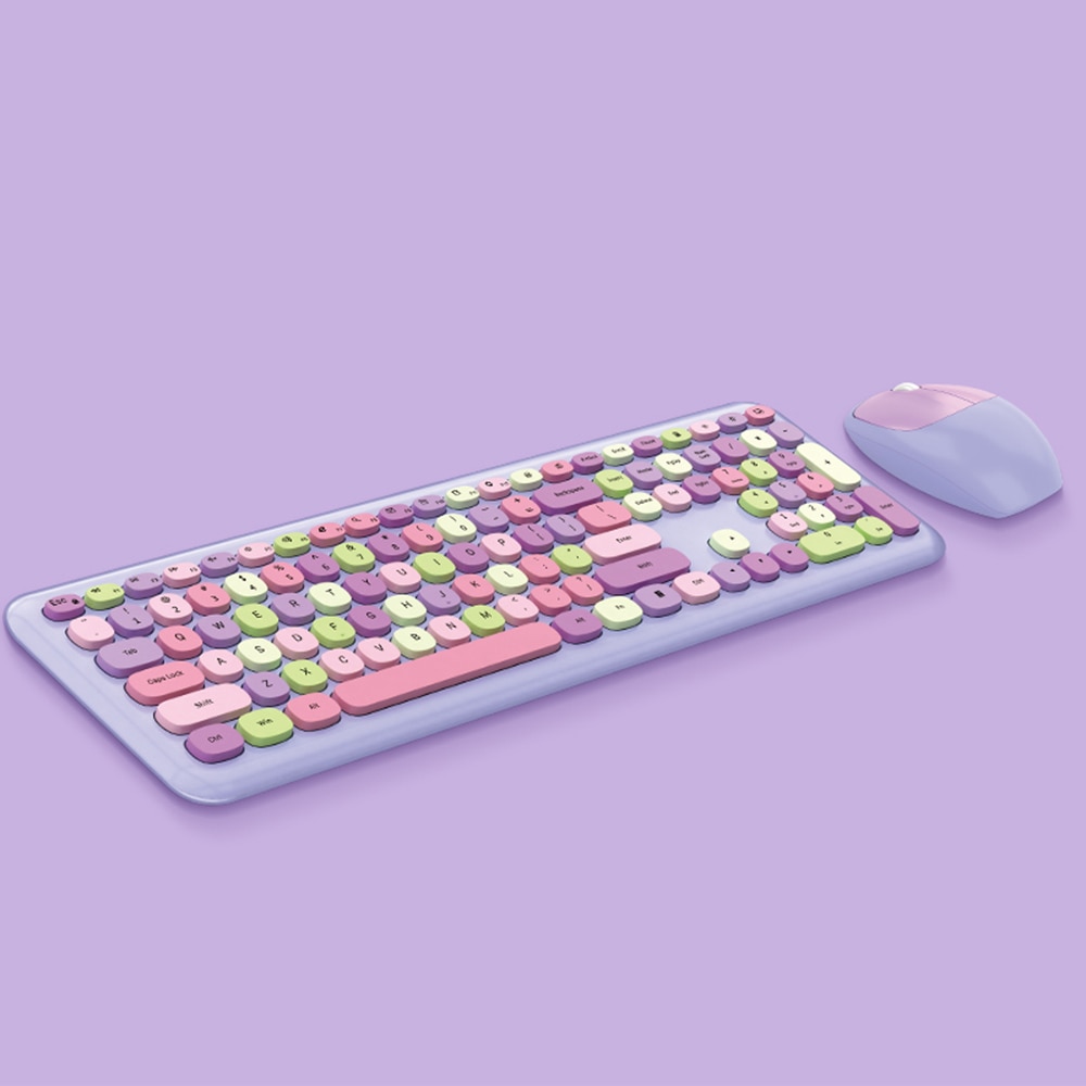 Mofii 666 Keyboard Mouse Combo Wireless 2.4G Mixed Color 110 Key Keyboard Mouse Set With Round Punk Keycaps For Girl Purple. 
