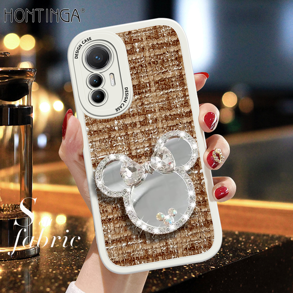 Hontinga for Xiaomi 12 Lite 5G Back Cover + Makeup Mirror Girls Fabric Case Soft Silicone Edge Phone Cases