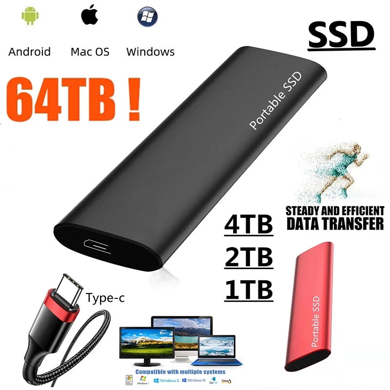 External Hard Drive Portable SSD 1TB High Speed Solid State Drive USB3.1 Type-C Interface Mass Storage Hard Disk for Laptop/Mac