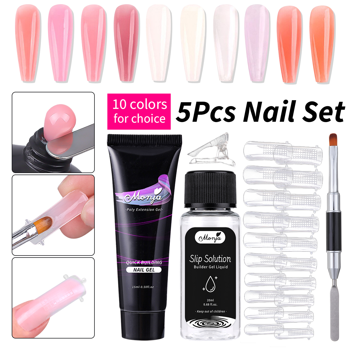 Myyeah 5Pcs/Set Nail Art Extension Kit Acrylic UV Slip Solution Nail Molds Dual End Brush Quick Builder Manicure Set 10Styles
