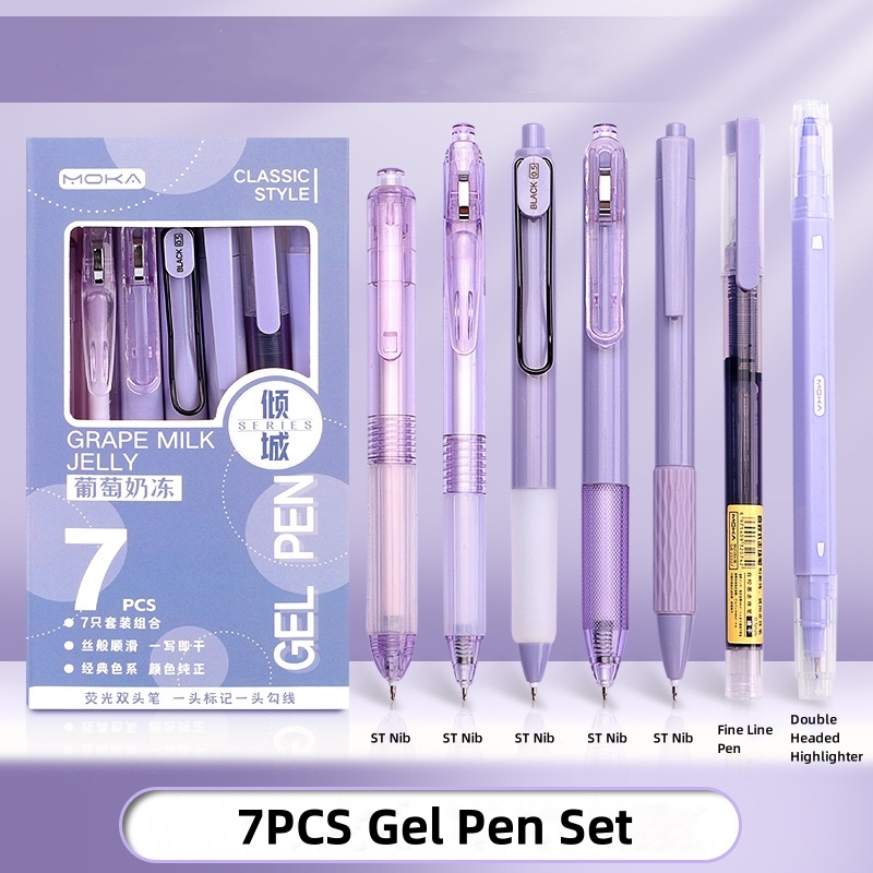 RHS Online 7PCS 0.5mm Press Gel Pen Black Ink Quick-Drying ST Nib Writing Smoothly Signature Student Pens Set