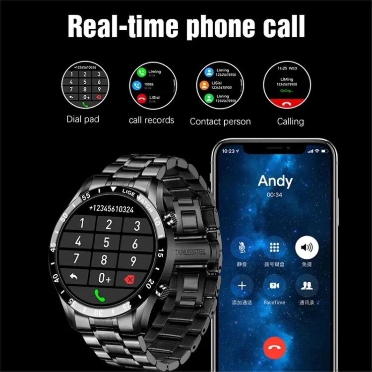 Lige BW0189 new luxury fashion digital stainless steel imported Bluetooth call,  call receive, call dail blood pressure function smartwatche for men. 